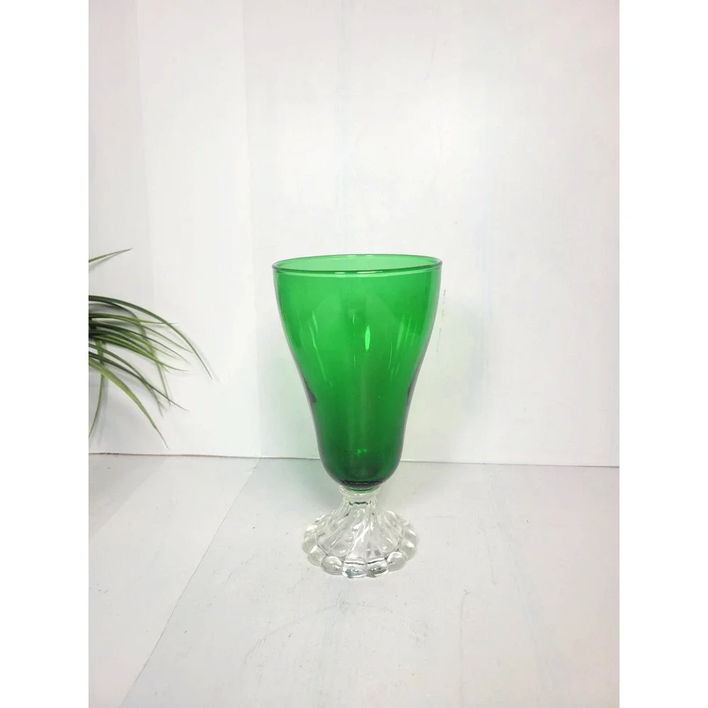 Vintage Anchor Hocking Forest Green Boopie Water Goblet Burple Bubble Foot Glass